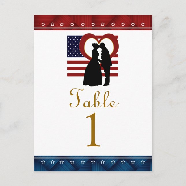 Flag Heart Patriotic Wedding Table Number Cards (Front)
