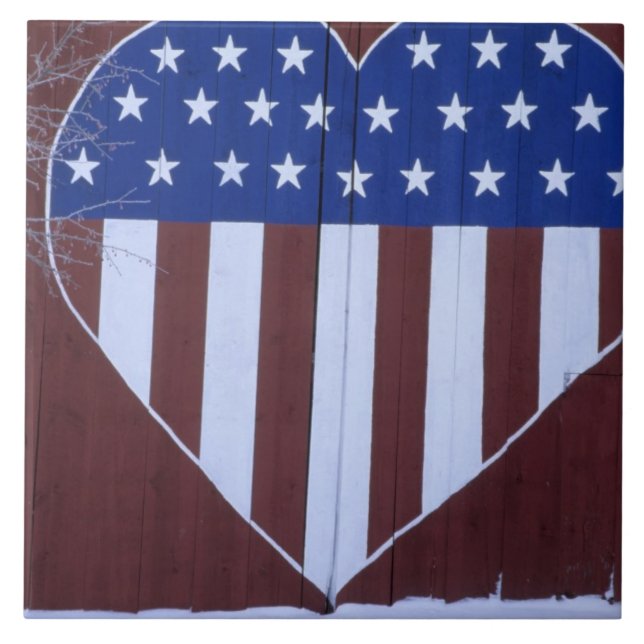 Flag in heart shape painted on barn after 9-11. ceramic tile (Front)