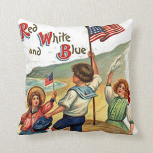 Flag Kids Beach Vintage Postcard Art Cushion