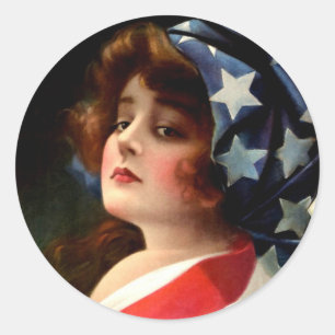 Flag Lady 4th of July Vintage Patriotic Art Classic Round Sticker