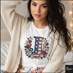 Flag Letter J Roses Wreath Monogram T-Shirt