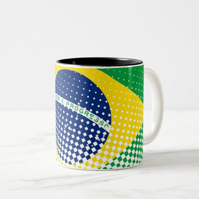 Flag Of Brazil With Halftone Effect Two-Tone Coffee Mug (Front Right)