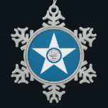 Flag of city of Houston, Texas Snowflake Pewter Ch Christmas Ornament<br><div class="desc">Snowflake Ornament Flag with flag of Houston,  Texas; blue flag with seal of Houston in a white star,  with an illustration of a train</div>