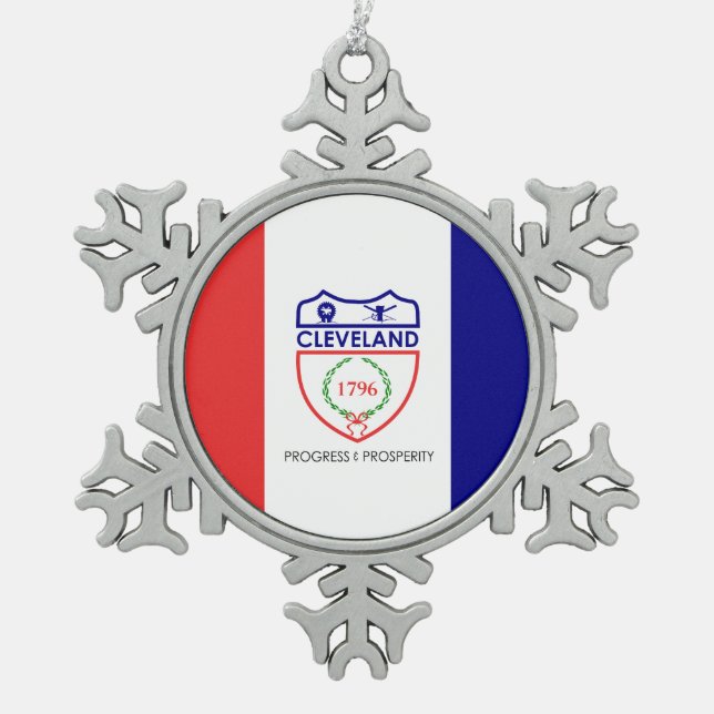 Flag of Cleveland, Ohio Snowflake Pewter Christmas Ornament (Front)