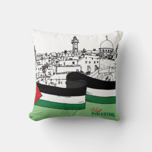 Flag of Palestine and old houses drawn by hand Cushion