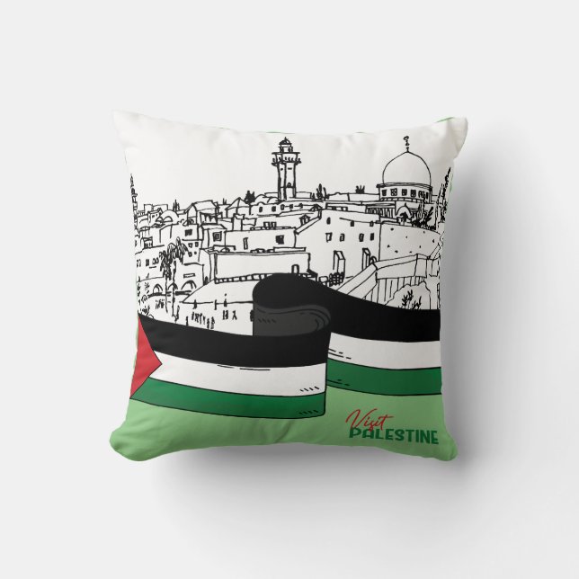 Flag of Palestine and old houses drawn by hand Cushion (Front)
