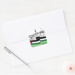 Flag of Palestine and old houses drawn by hand Square Sticker