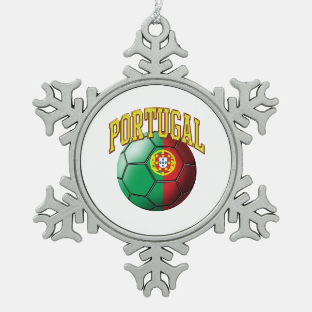 Flag of Portugal Soccer Ball Snowflake Pewter Christmas Ornament (Front)