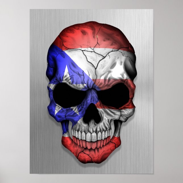 Flag of Puerto Rico on a Steel Skull Graphic Poster (Front)
