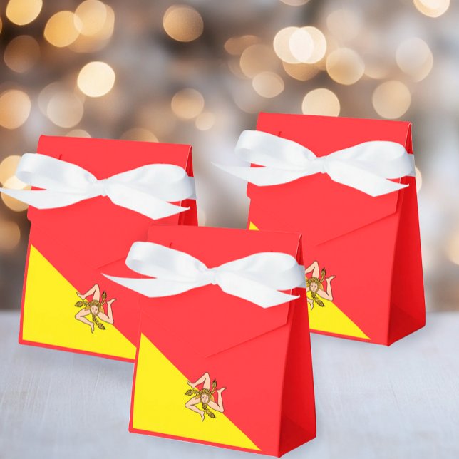 Flag of Sicily Sicilian Party and Events Favour Bo Box (Flag of Sicily Tent Favor Boxes with Custom Wording and White Satin Bow)