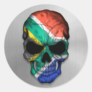 Flag of South Africa on a Steel Skull Graphic Classic Round Sticker