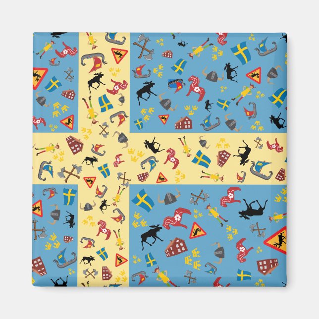 Flag of Sweden with culture icons magnet (Front)