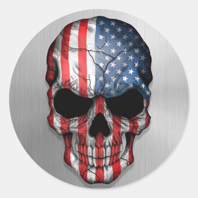 Flag of The United States on a Steel Skull Graphic Classic Round Sticker (Front)