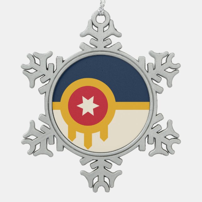 Flag of Tulsa, Oklahoma Snowflake Pewter Christmas Ornament (Front)