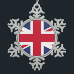 Flag of United Kingdom Snowflake Pewter Christmas Ornament<br><div class="desc">The national flag of the United Kingdom is the Union Jack, also known as the Union Flag. The flag consists of the red cross of Saint George (patron saint of England), edged in white, superimposed on the Cross of St Patrick (patron saint of Ireland), which are superimposed on the Saltire...</div>