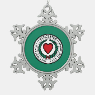 Flag of Worcester, Massachusetts Snowflake Pewter Christmas Ornament