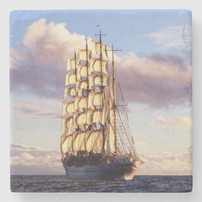 Flag ship setting sail at sea stone coaster (Front)