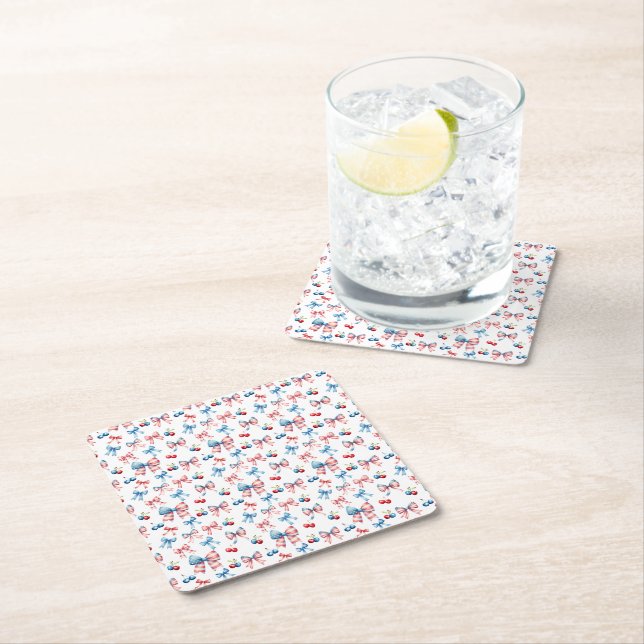 Flags and cherries square paper coaster (Insitu)
