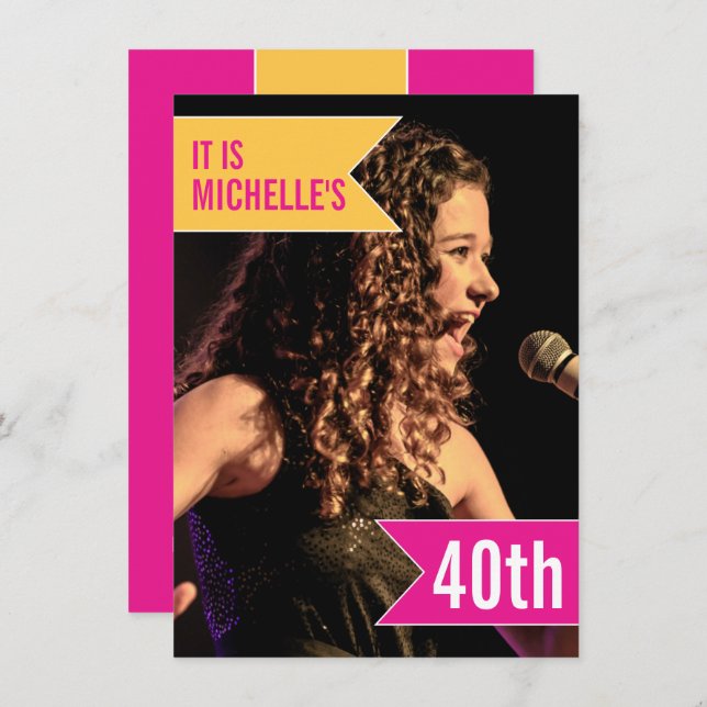 Flags bright pink yellow photo 40th birthday party invitation (Front/Back)