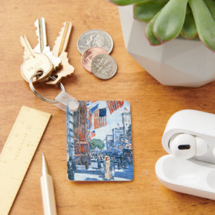 Flags Fifth Avenue by Childe Hassam, Vintage Art Key Ring