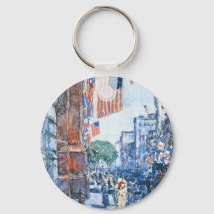 Flags Fifth Avenue by Childe Hassam, Vintage Art Key Ring
