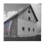 Flags of Our Farmers - Barn with American Flag Ceramic Tile<br><div class="desc">Flags of Our Farmers XVI by James McLoughlin. Black and white photograph of a barn with an American flag.</div>
