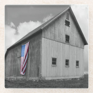 Flags of Our Farmers - Barn with American Flag Glass Coaster