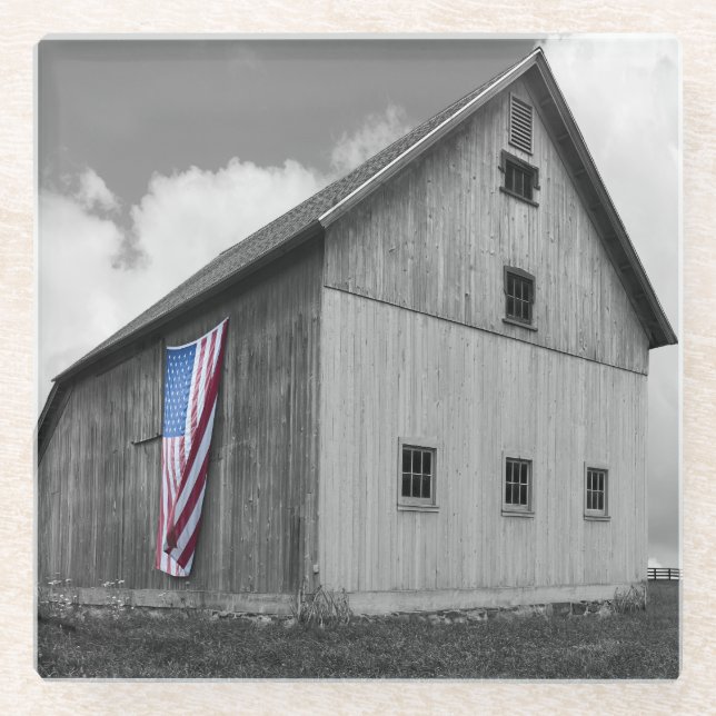Flags of Our Farmers - Barn with American Flag Glass Coaster (Front)