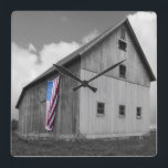 Flags of Our Farmers - Barn with American Flag Square Wall Clock<br><div class="desc">Flags of Our Farmers XVI by James McLoughlin. Black and white photograph of a barn with an American flag.</div>