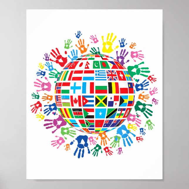 Flags of the World with Colourful Handprints Poster (Front)