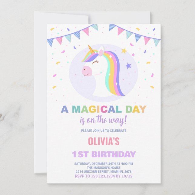 Flags Unicorn Birthday Invitations (Front)