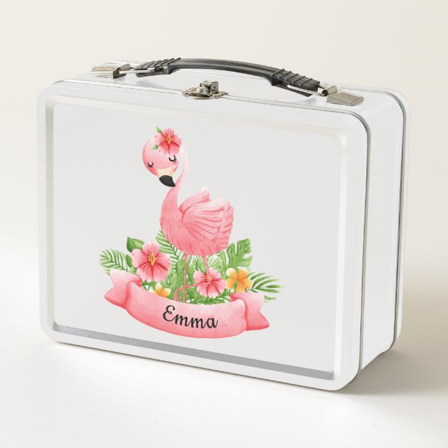 Flamant Rose Flowers Personalized Child Metal Lunch Box (Front)