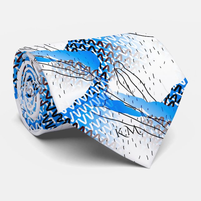 Flamboyant Baby Blue Playful Geometric  Monogram Tie (Rolled)