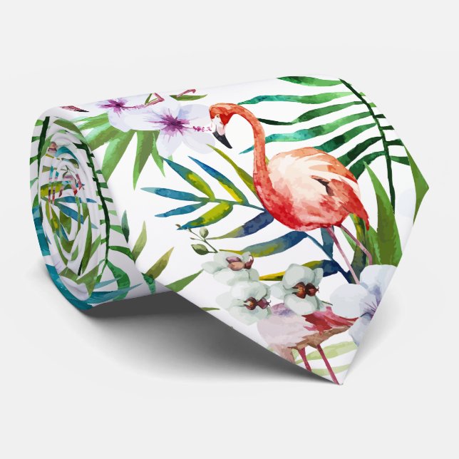 Flamboyant Flamingo Tropical nature garden pattern Tie (Rolled)
