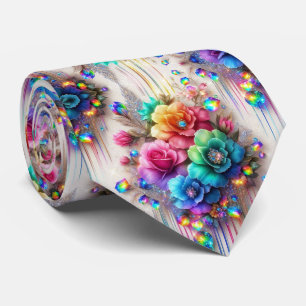 Flamboyant Neck Tie Rainbow Flowers and Diamonds