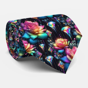 Flamboyant Neck Tie   Rainbow Flowers and Diamonds