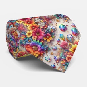 Flamboyant Neck Tie Rainbow Flowers and Diamonds