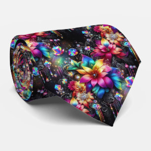 Flamboyant Neck Tie Rainbow Flowers and Diamonds