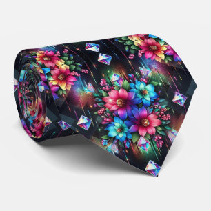 Flamboyant Neck Tie Rainbow Flowers and Diamonds