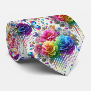 Flamboyant Neck Tie   Rainbow Flowers and Diamonds