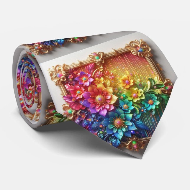 Flamboyant Neck Tie | Rainbow Flowers Faux Glitter (Rolled)