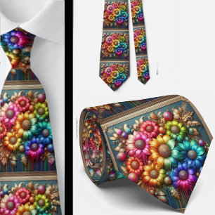 Flamboyant Neck Tie   Rainbow Flowers Faux Glitter