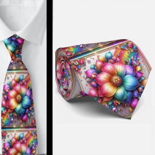 Flamboyant Neck Tie   Rainbow Flowers Faux Glitter