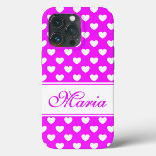 Flamboyant Pink White Hearts Pattern And Your Name iPhone 13 Pro Case