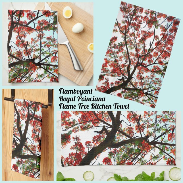 Flamboyant Royal Poinciana Tree Red Black White Tea Towel (Creator Uploaded)