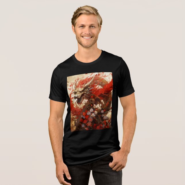 Flame-Haired Dragon with Blossoms Tri-Blend Shirt (Front Full)