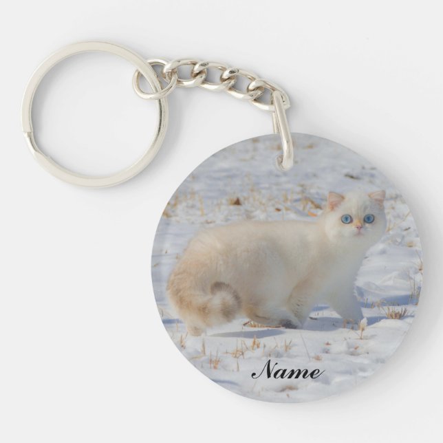 Flame Point Cat with Blue Eyes in the snow Key Ring (Front)