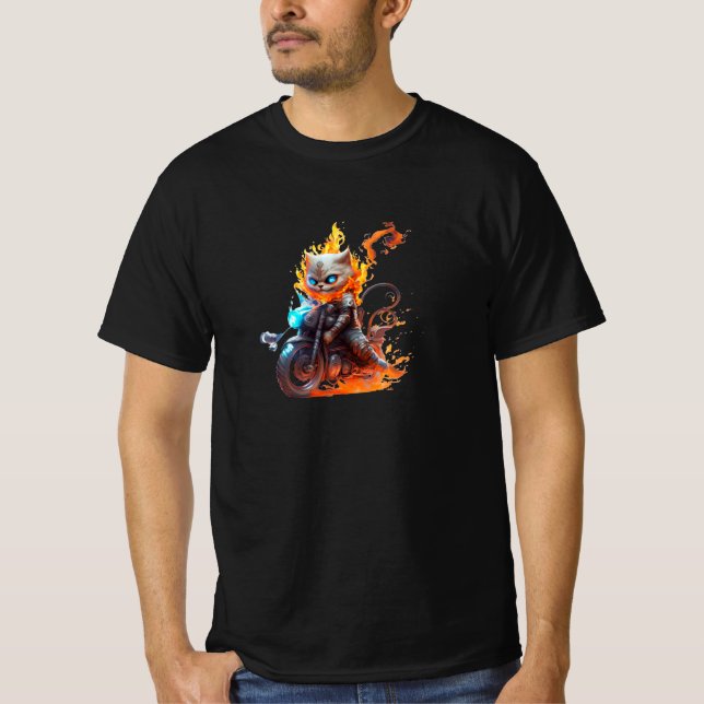 Flame-Riding Feline: Inferno Ghost Cat Rider T-Shirt (Front)