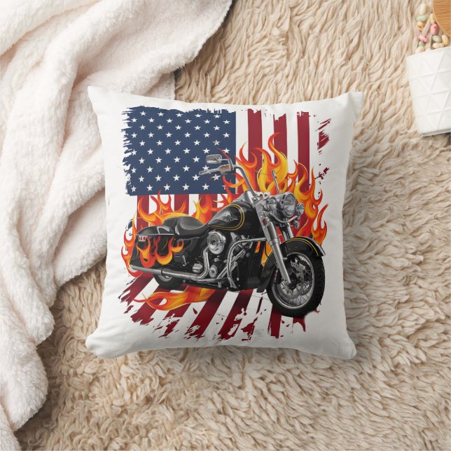 Flamed bike by American flag Cushion (Blanket)