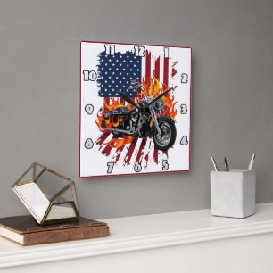 Flamed bike by American flag Square Wall Clock